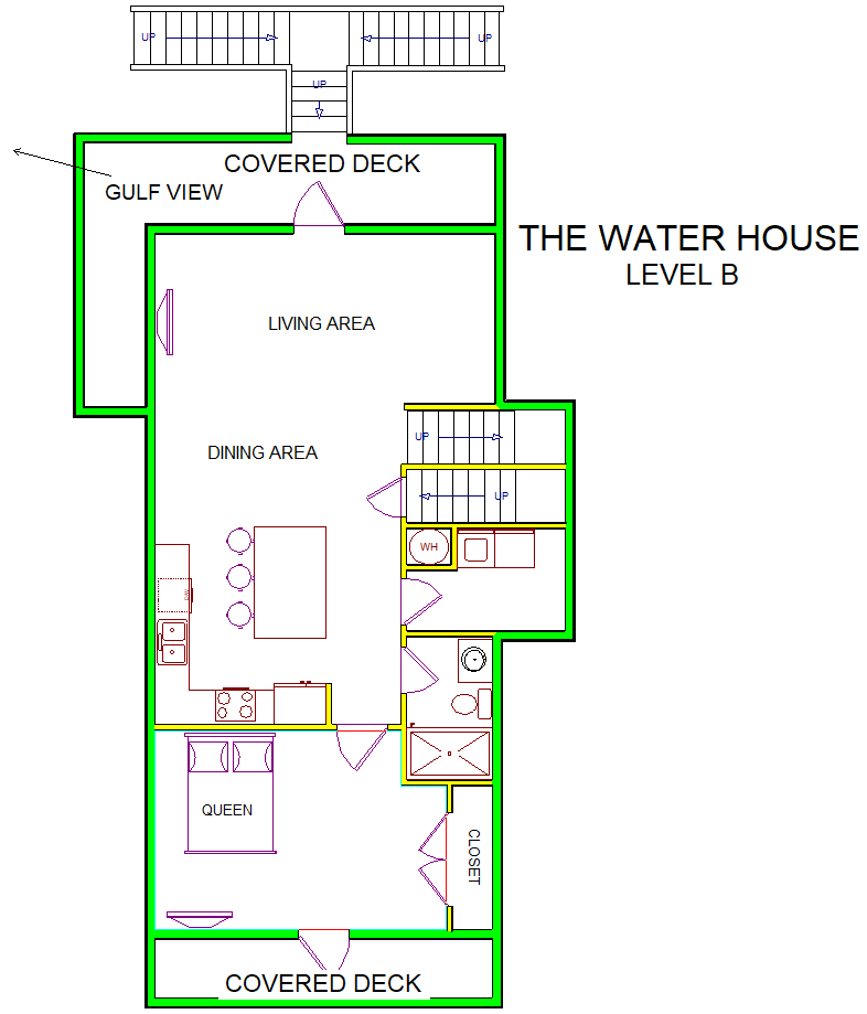 A level B layout view of Sand 'N Sea's beachside vacation rental in Galveston named The Water House